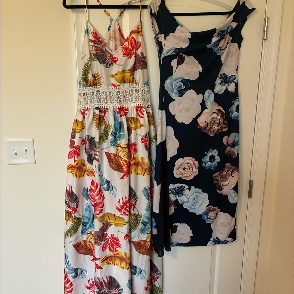 2 SHEIN Dresses: Tropical Maxi Dress with Lace & Knee Length Floral Formal Dress